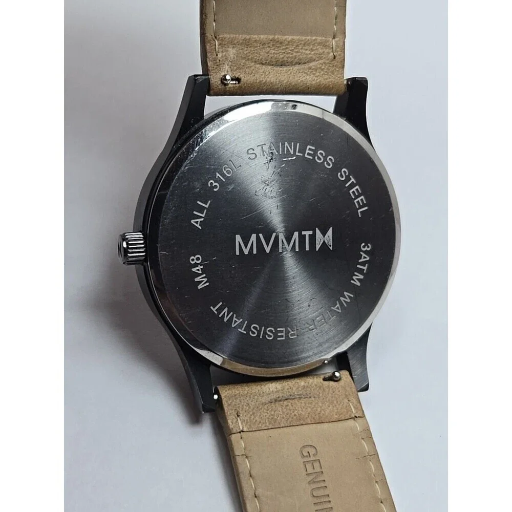 MVMT Classic Watch Gray Dial Tan Leather Date Quartz New Battery 45mm Mens